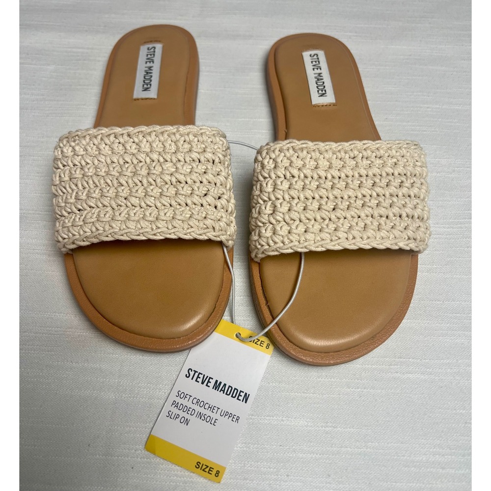Steve Madden Tannah Crochet Slide Sandals Natural Cream Tan Flat Slip On Women 8 - Picture 4 of 10
